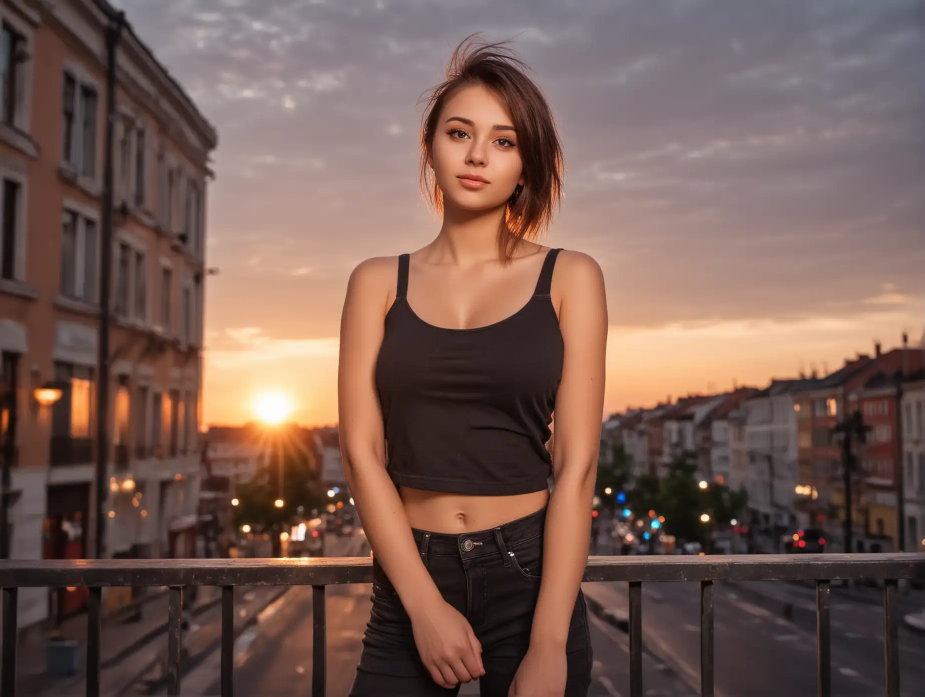 girl wearing black jeans and a tank top. In the evening, the sun has just set, the sky is reddish. the girl is looking to the side, Upsweep hairstyle. Cute girl. in the city center.