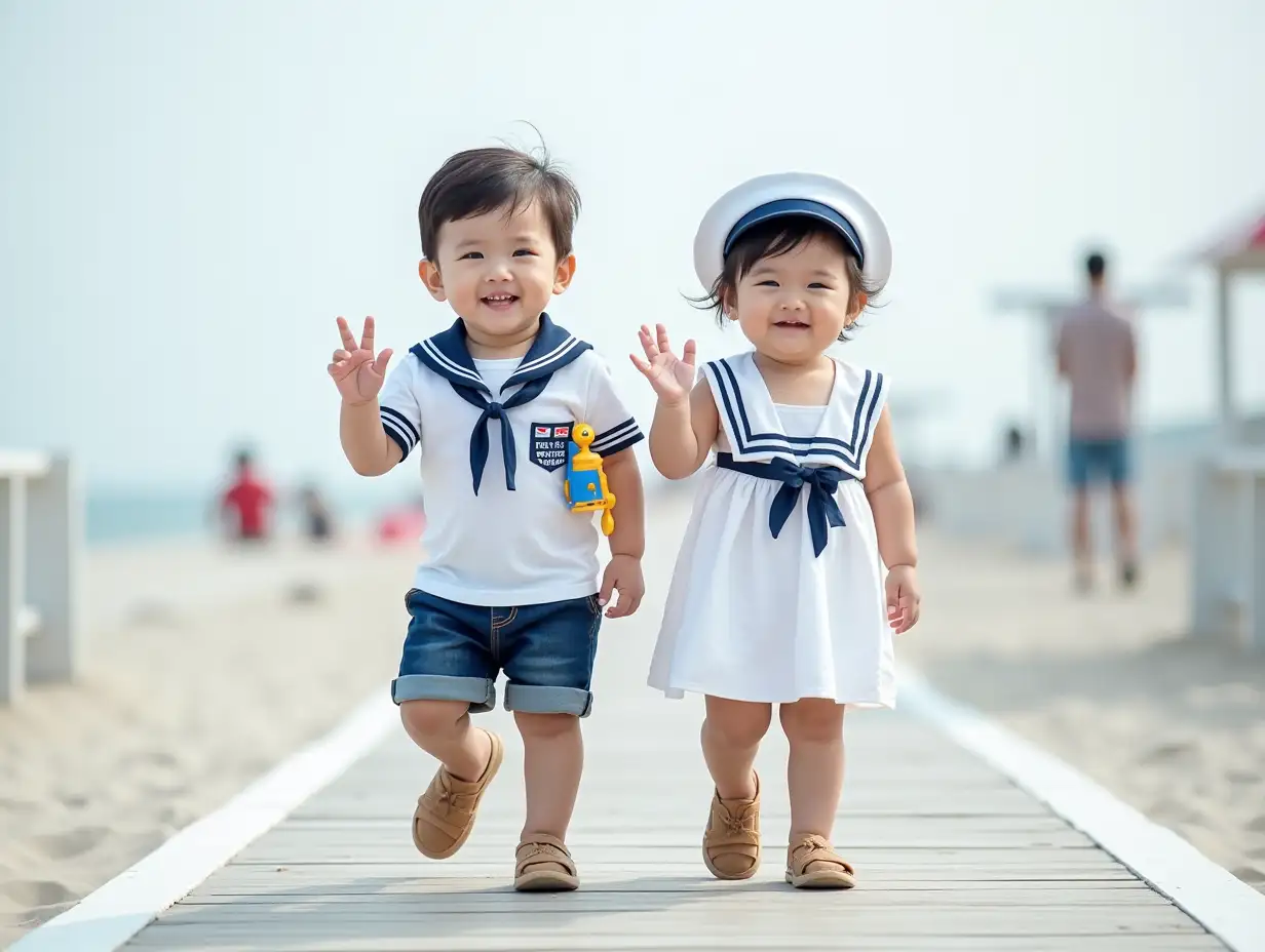 A korean baby boy-girl twin pair, the boy in a sailor-inspired outfit with a toy anchor and the girl in a nautical dress with a sailor hat. They smile and wave on a seaside-themed boardwalk runway.