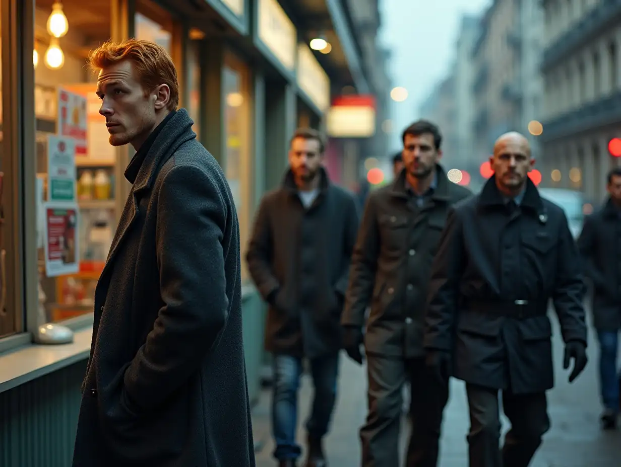 Ginger and gray tall thin man sneaks cautiously to the kiosk. Behind him, three men of criminal appearance and one man in Russian police uniform follow him eagerly. Nice picture.