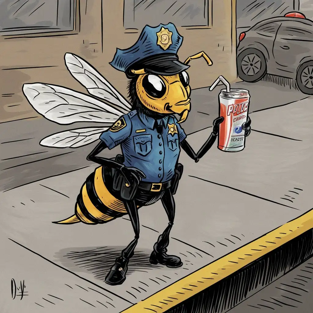 Wasp-in-Police-Uniform-Holding-Energy-Drink-Illustration