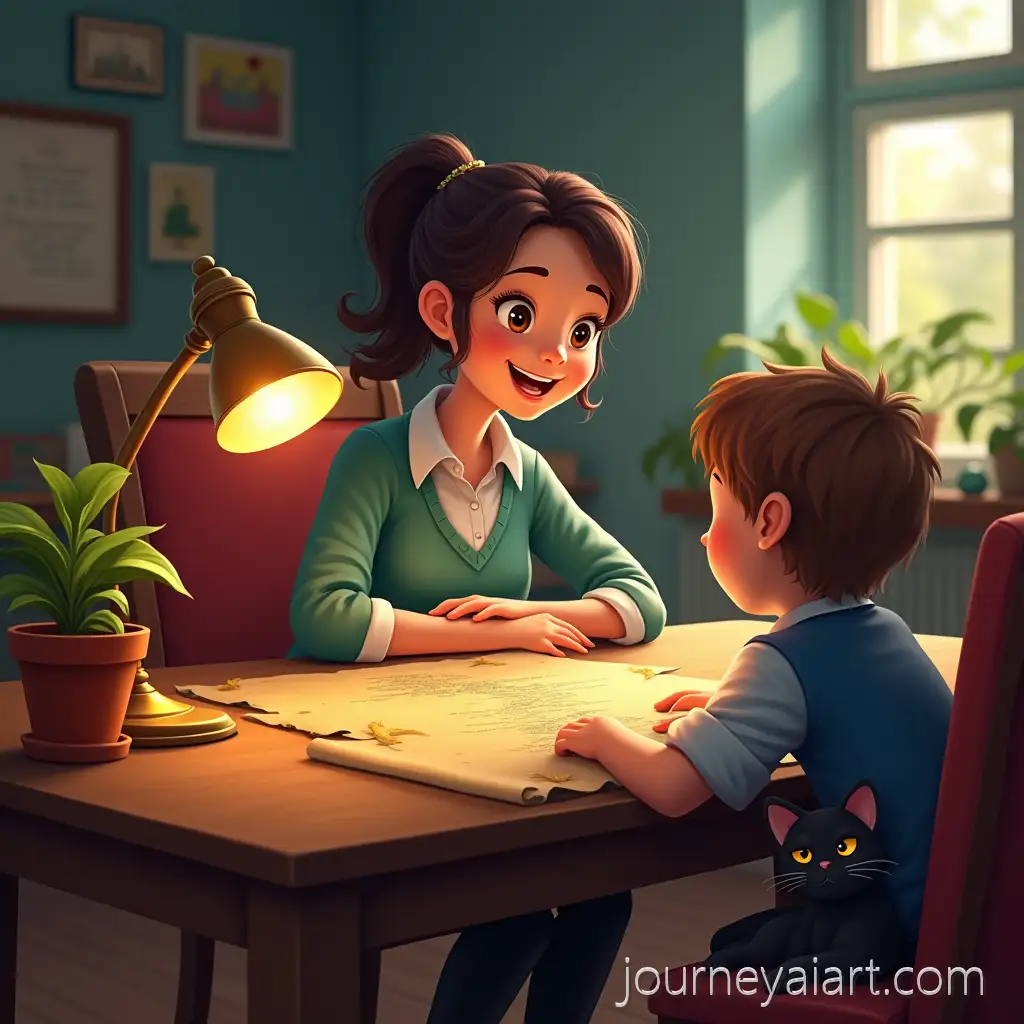 Teacher-and-Pupils-in-Cozy-Classroom-with-Antique-Lamp-and-TreasureTeacher-and-Pupils-in-Classroom-Map