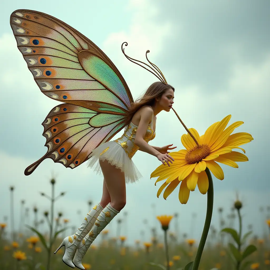 A photograph of a fairy woman with gigantic, long, shiny iridescent sparkling, multicolored butterfly wings with peacock patterns and long antennae resembling a pair of peacock feathers flying by a giant flower. The fairy is drinking nectar from the flower with her long tongue. The fairy is wearing a white latex dress with golden patterns and white thigh-high stiletto boots with golden patterns. There is a cloudy sky in the background.