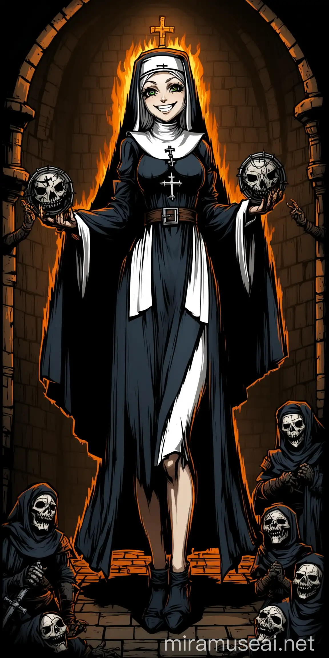 Medieval Nun Smiling in Darkest Dungeon Style