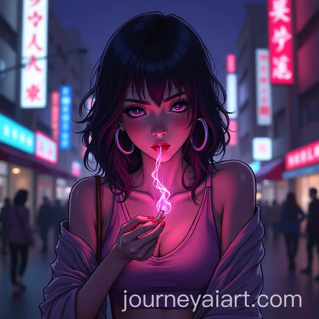 Woman-Smoking-and-Holding-Matches-on-a-Cyberpunk-City-Street-with-Purple-Fire