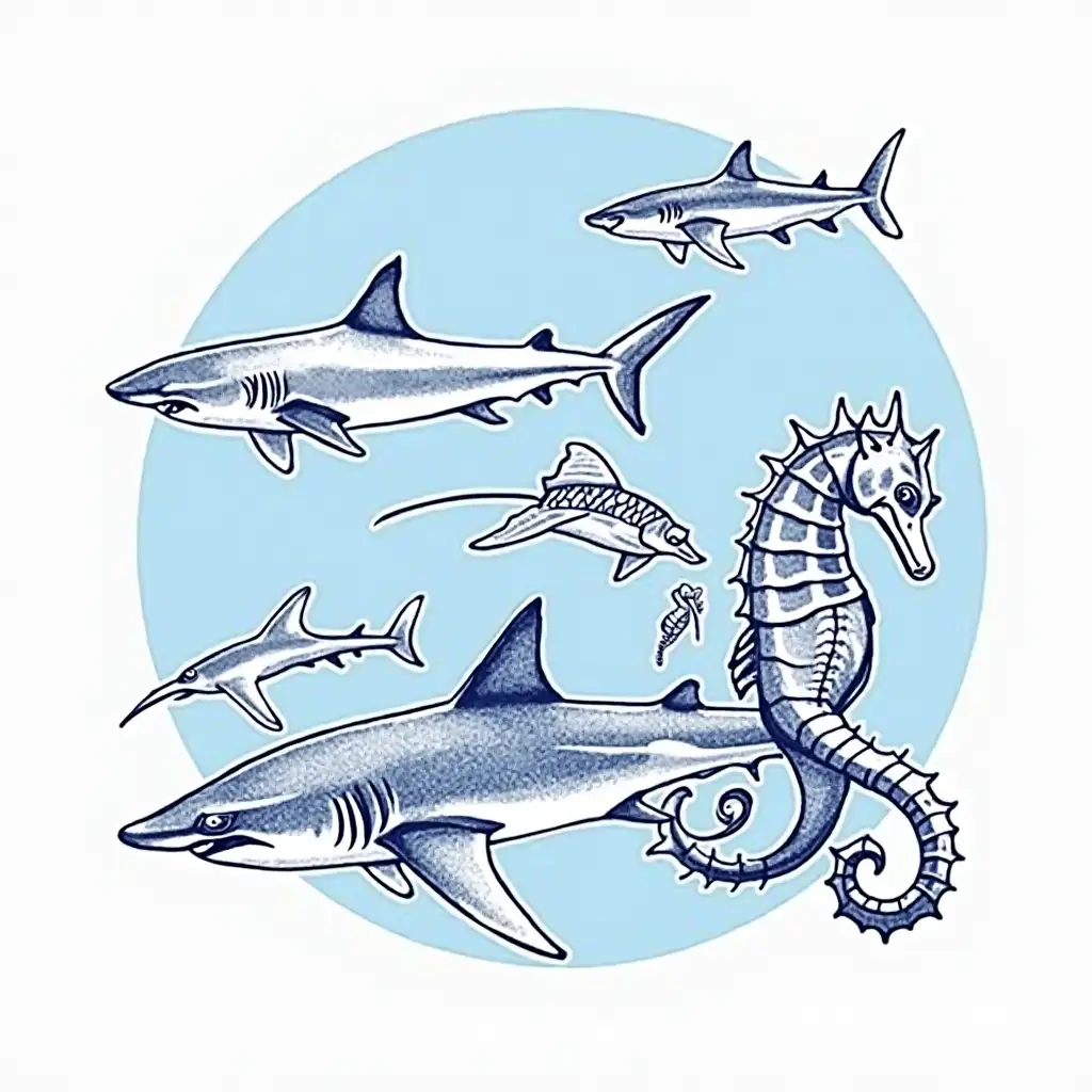 Classic-Engraved-Sea-Creatures-Tshirt-Design-in-Monochromatic-Blue