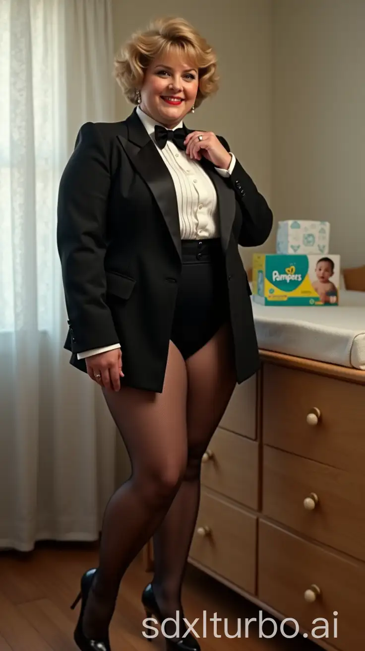 Smiling-Caucasian-Woman-in-Formal-Orchestra-Tuxedo-with-Changing-Table-and-Diapers