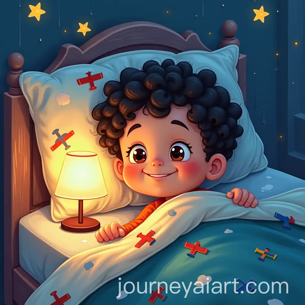 Cheerful-Little-Boy-in-Bed-with-Airplane-Decor-and-Starry-Night-Lamp