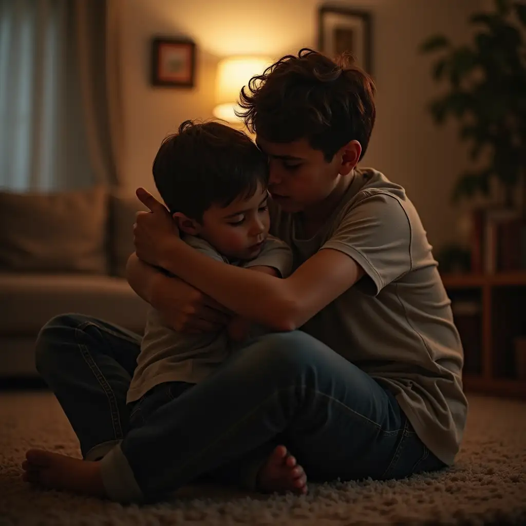 young man named Tomás, 25 years old, sitting on the floor in the living room, hugging his frightened brothers, with a protective and warm atmosphere, realistic image