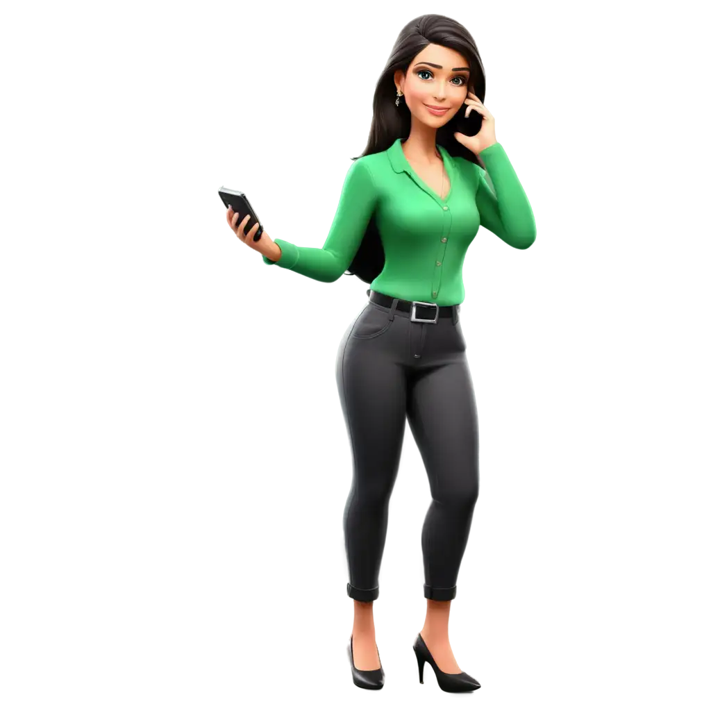 3D-Cartoon-Mature-Beautiful-Indian-Young-Business-Women-PNG-Image-with-Green-Trendy-Style-and-Smartphone