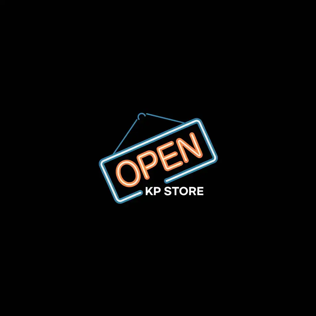 a vector logo design,with the text "kp store", main symbol:neon sign written open,Minimalistic,clear background