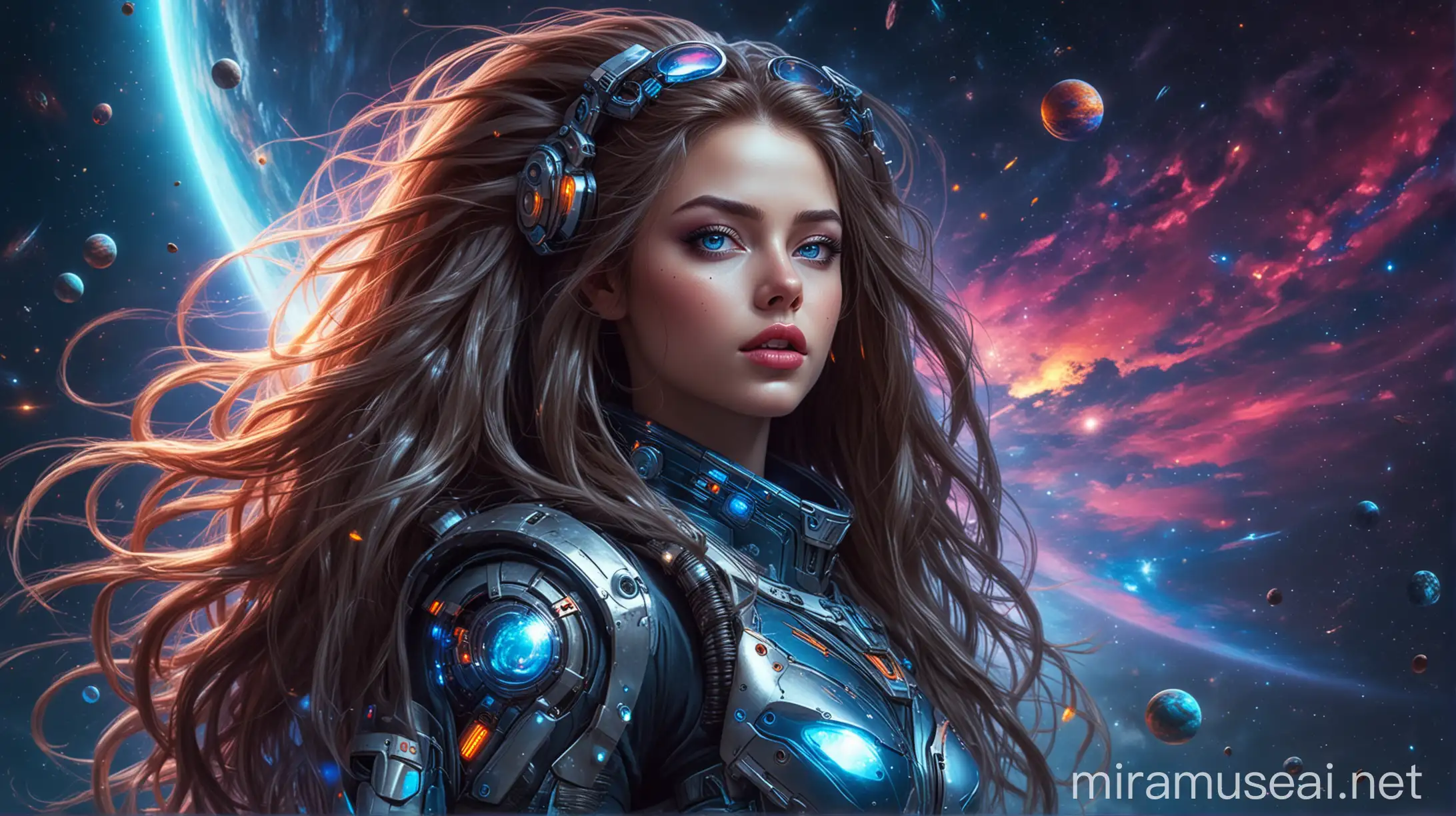 Futuristic Space Warrior Woman in Glowing Spacesuit under Colorful Night Sky