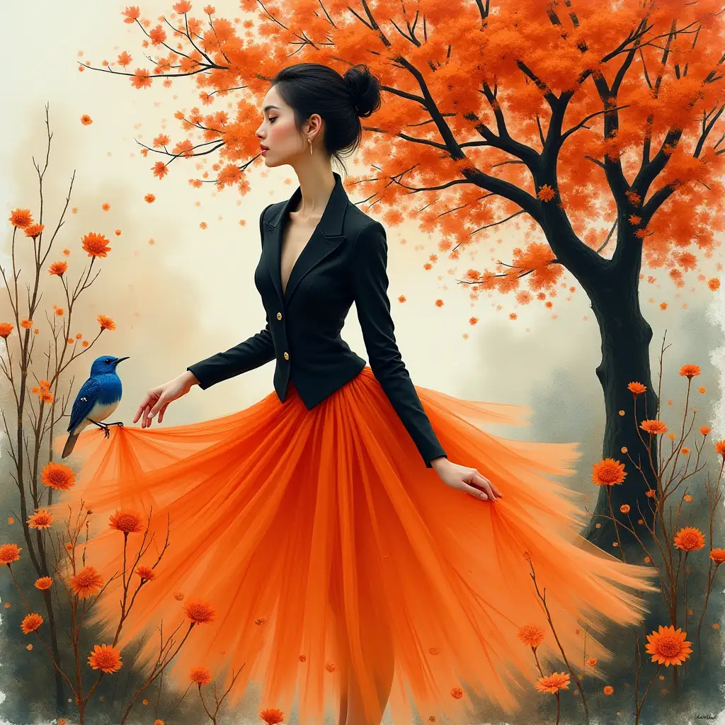 Realistic, executed in watercolor, acrylic (a masterpiece of the highest quality), Vibrant orange tutu, sleek black jacket, elegant woman, outdoor setting, blooming orange flowers, autumn red tree, bluebirds perched, graceful pose, whimsical atmosphere, nature-inspired fashion, contrast of colors, detailed floral elements, realistic style, high-resolution, warm natural lighting, high detail, high detail in the style of Michael Jarmusch, medium plan