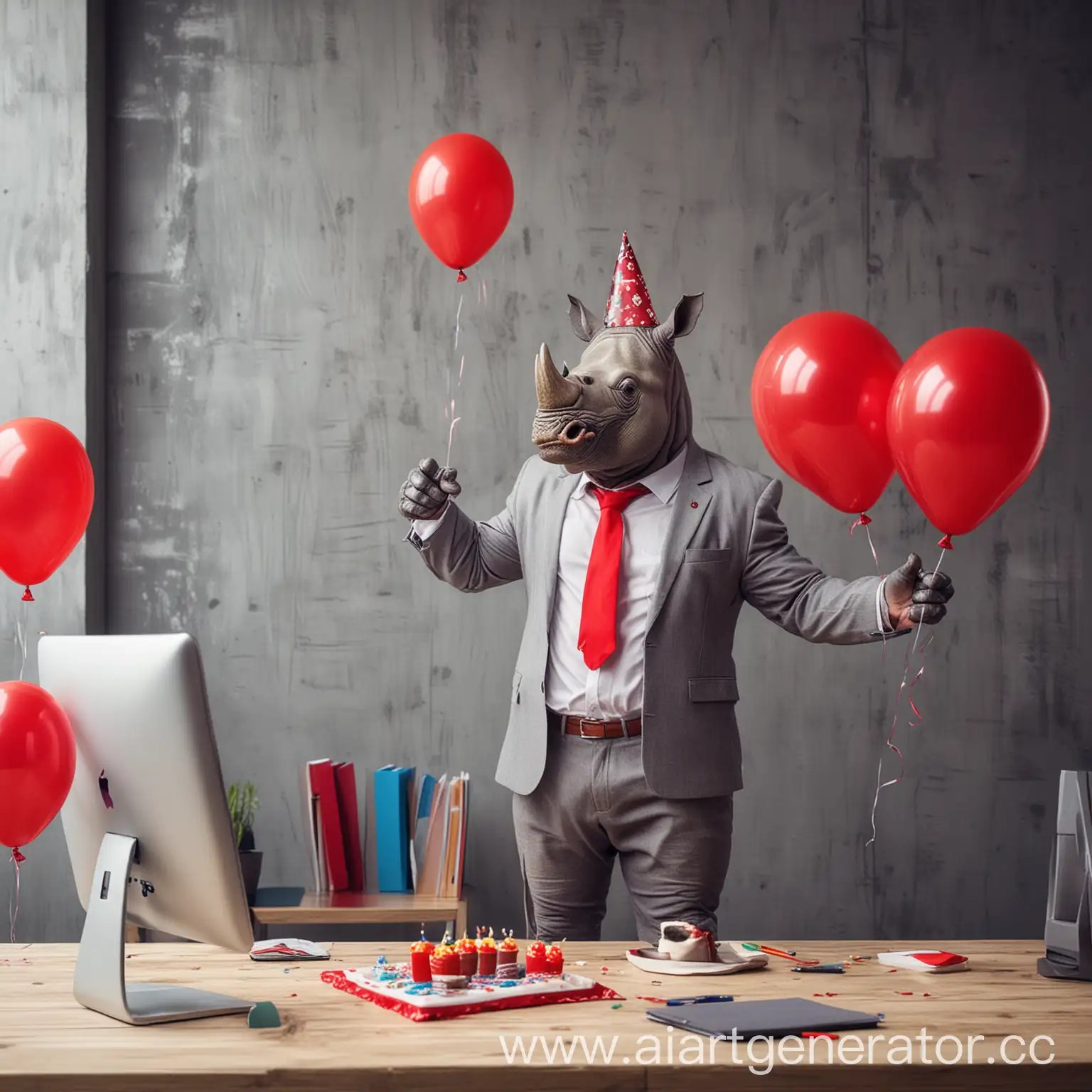 Office-Rhino-in-Business-Suit-Celebrating-Birthday-with-Cake-and-Balloons