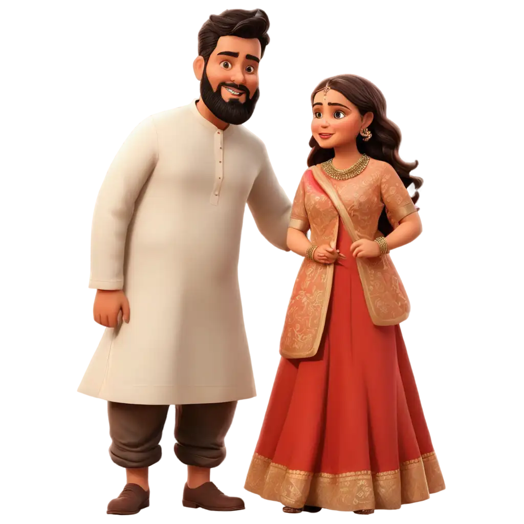 PNG-Cartoon-Image-Fat-Boy-with-Beard-and-Tall-Long-in-White-Kurta-and-Girl-Fair-Chubby-in-Full-Red-Lehenga