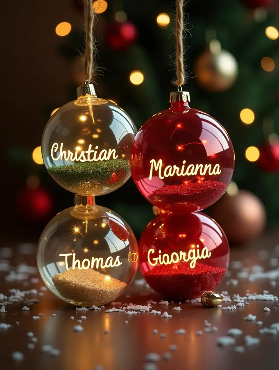 4 beautiful Christmas balls with 'Christian', 'Marianna ', 'Thomas' and 'Giorgia' written inside each one. A Christmas theme in the background