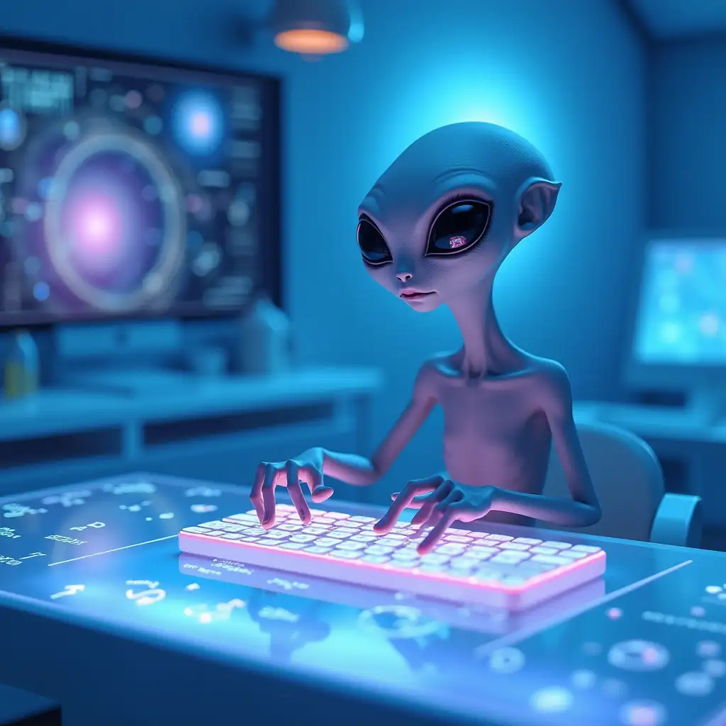 In a futuristic room illuminated by soft blue and purple hues, a grey alien with a smooth, oblong head and large, expressive eyes sits at a sleek, translucent desk. Its slender neck supports a small, unadorned face, featuring diminutive nostrils. The alien's three-fingered hand gracefully hovers over a glowing, holographic keyboard, where symbols flicker in vibrant colors. Surrounding the alien are intricate holographic projections displaying swirling data and cosmic maps, contributing to an atmosphere of advanced technology and mystery, evoking curiosity and wonder.