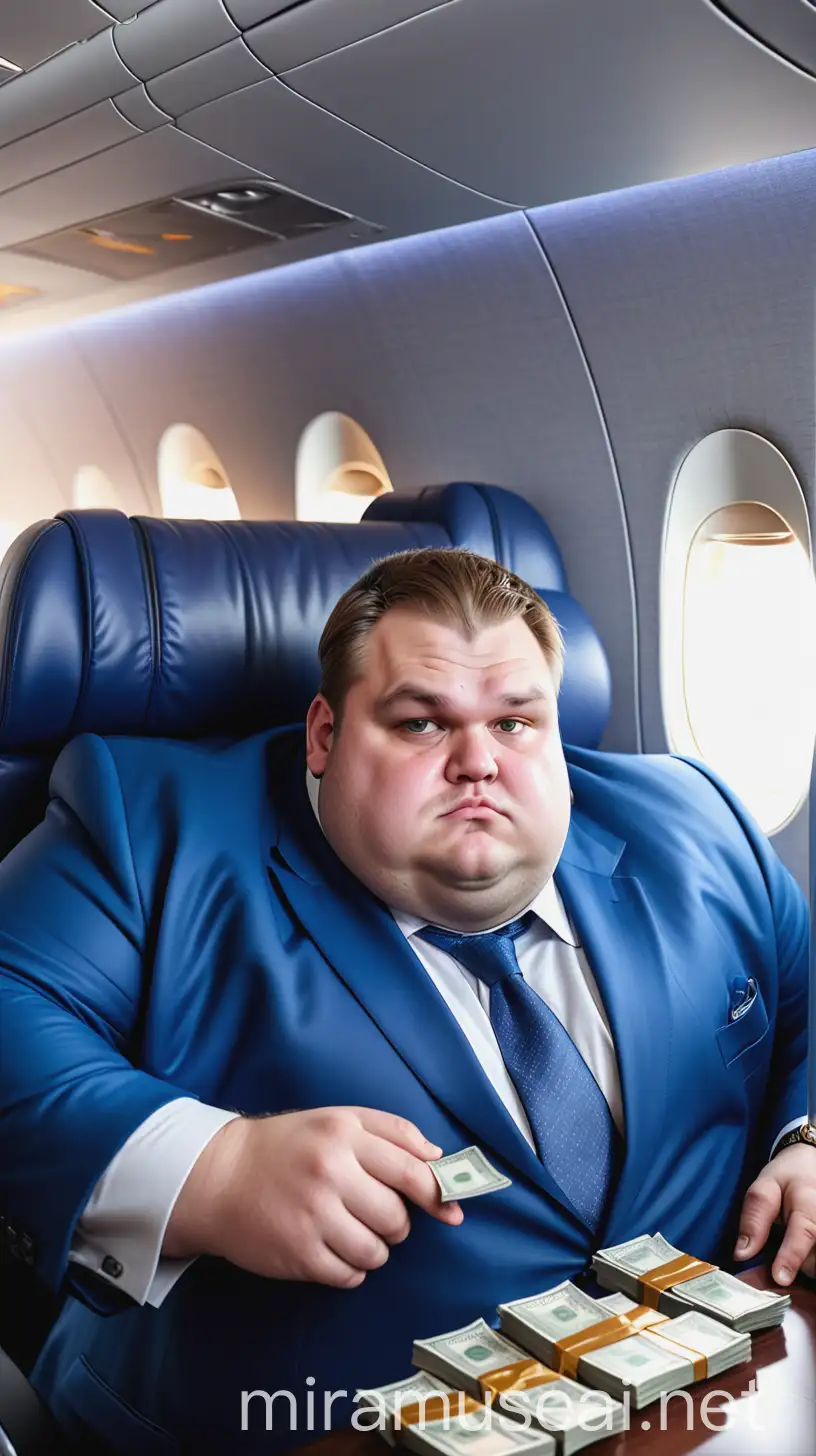 Wealthy Slavic Man in Blue Business Suit on Private Airplane with Money