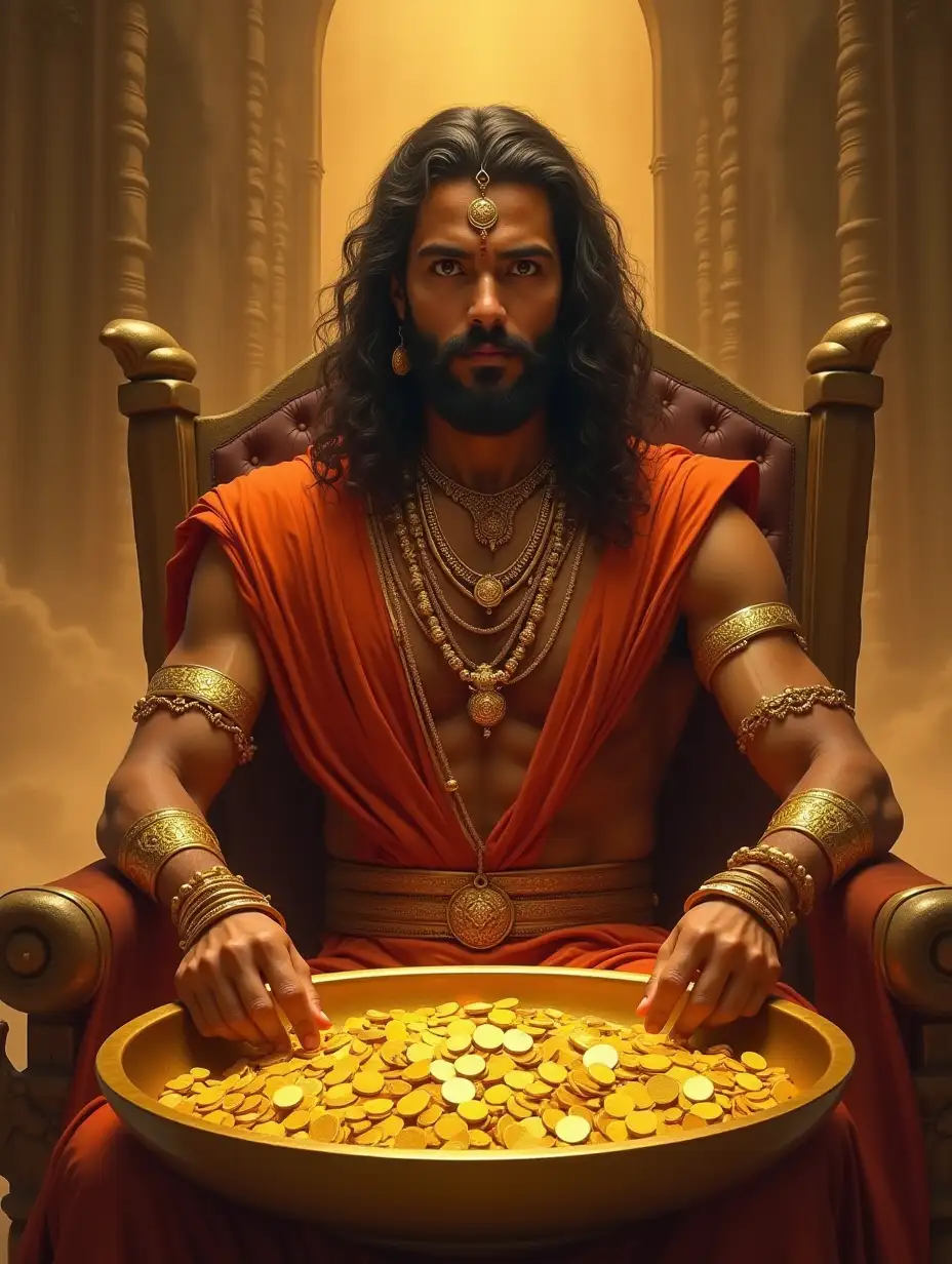 Karna-from-Mahabharata-Sitting-on-a-Throne-in-Heaven-with-Golden-Coins-and-Ornaments