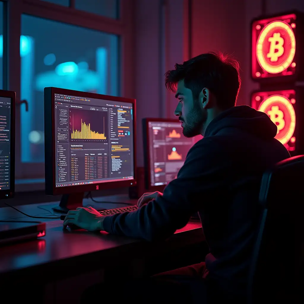 Man-Working-in-Hot-Room-Surrounded-by-Crypto-Mining-Rigs-and-Bitcoin-Symbols