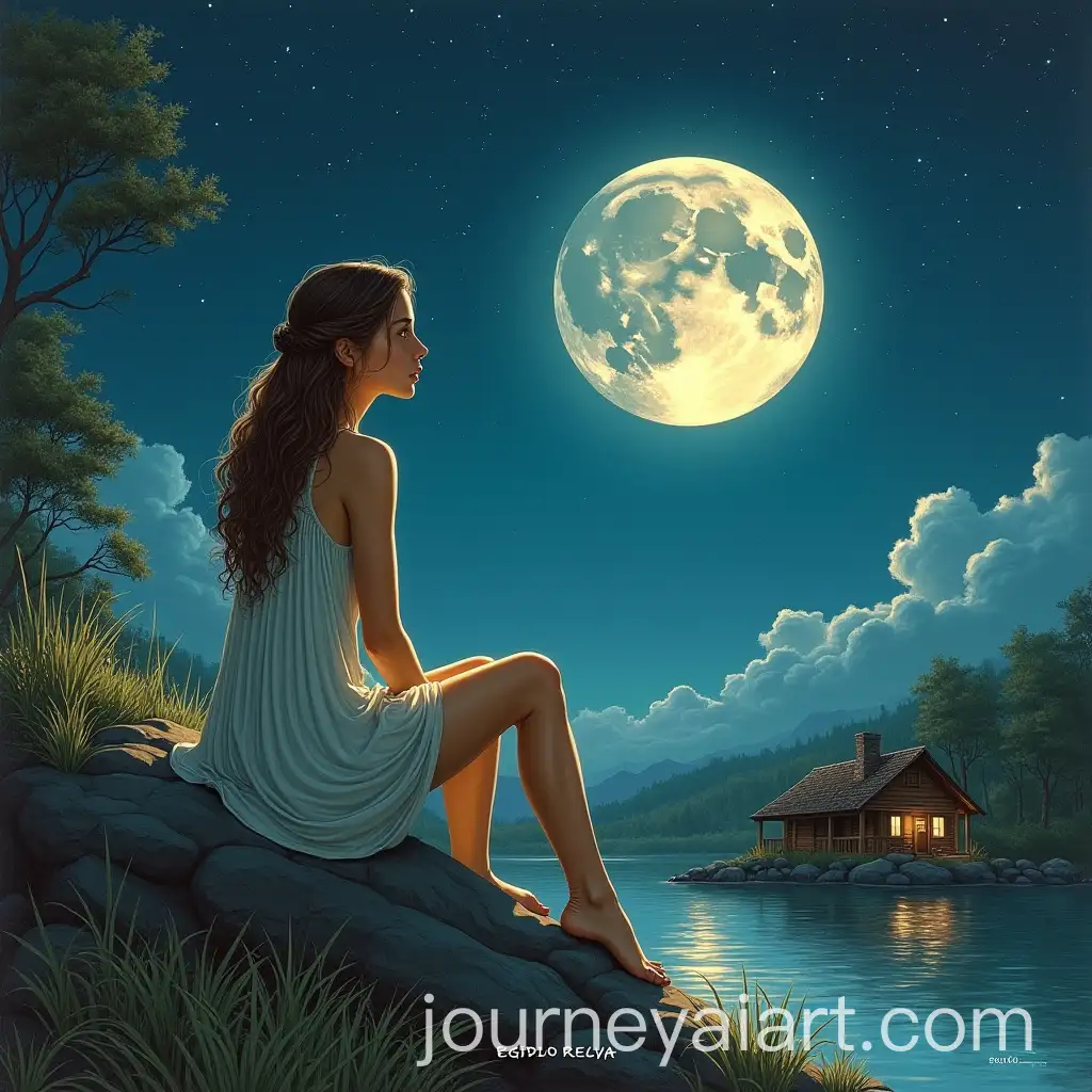 Young-Woman-Gazing-at-StarsAI-Image-Prompt-Expansion-on-a-Full-Moon-Night-with-Cabin-in-Background
