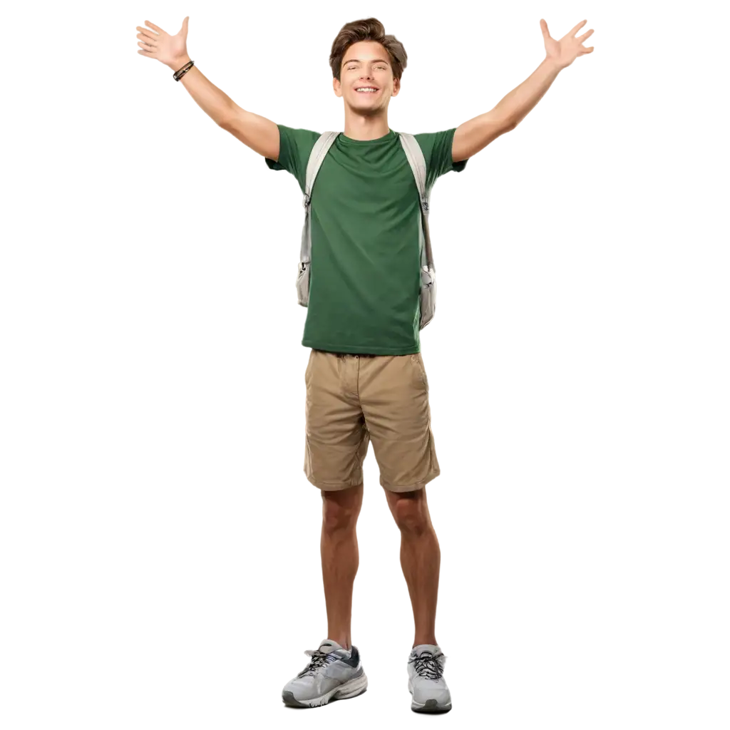 A photorealistic image of a young adult male named Jeremiah, 6 ft tall, with brown hair and olive skin, dressed in khaki shorts and a green t-shirt with hiking gear. He reaches the top of the steep wall standing on the peak of the mountaintop, both arms raised straight up to the sky in triumph while looking out from the top of the 40 ft wall, finding a peaceful and beautiful view of the suburban cityscape, symbolizing God’s protection and guidance.  It's early morning with clear skies, and the landscape around him is well lit.