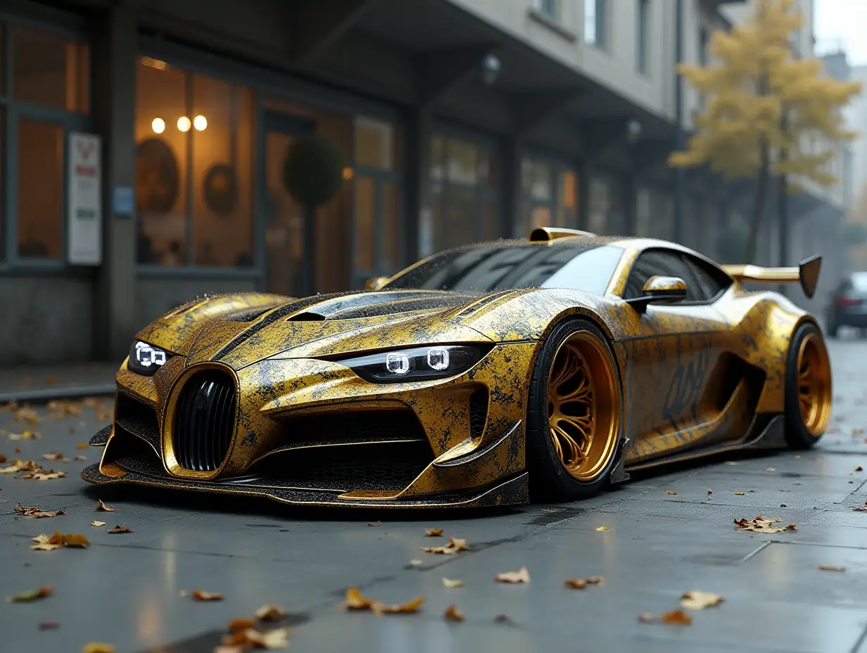 Supermoderne utopische Sport Auto with Gold and Black color Ornaments, lowered body, 18-inch rims, aluminum wheels, Camouflage, Cyberpunk