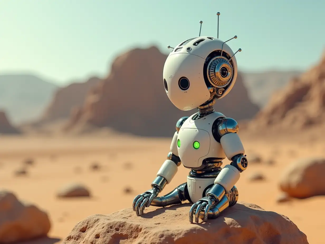 Create a high-resolution, realistic image of the artificial intelligence Robert with robot legs and metal and glass feet, a head with gears, light guides, and LEDs in the desert on a rock. Lighting in 4K resolution.