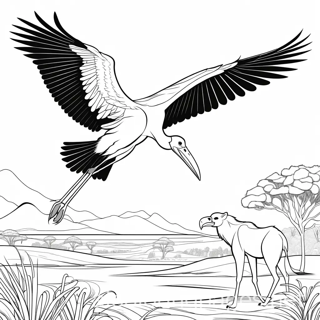 Marabou-Stork-Flying-Over-Hyena-Coloring-Page