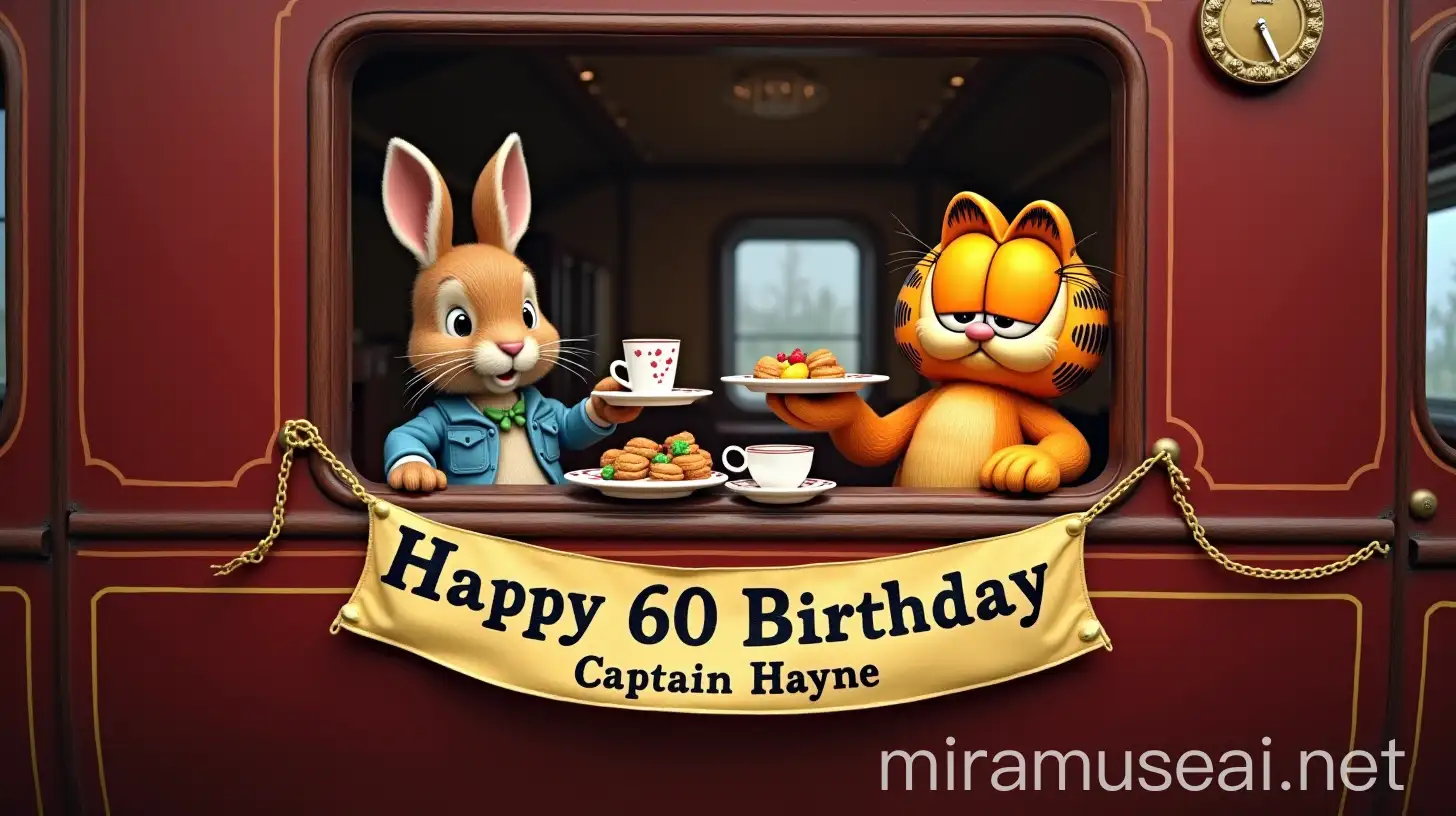 Luxurious Birthday Celebration on Train Carriage with Garfield and Peter Rabbit Enjoying English High Tea