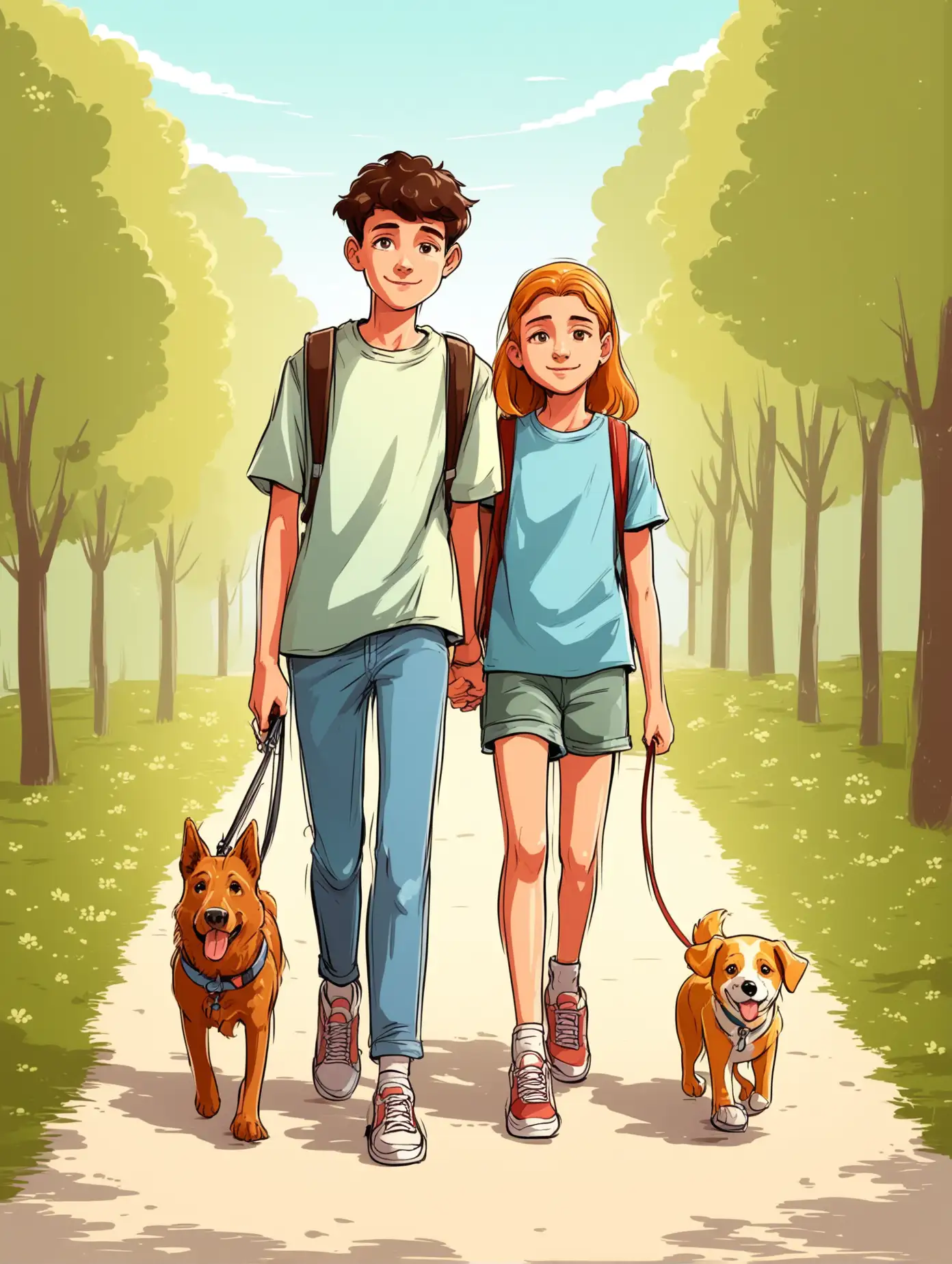 Kind teenager, walking with a dog, cartoon style