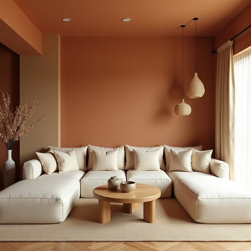 A warm and inviting living room with terracotta orange walls and soft beige furnishings. A large sectional sofa in off-white linen, a solid wood coffee table with curved edges. Hanging woven light fixtures, an accent wall with textured plaster. A floor-to-ceiling window with beige drapes, allowing soft natural light. (Wide shot, capturing the entire seating area and decor elements).