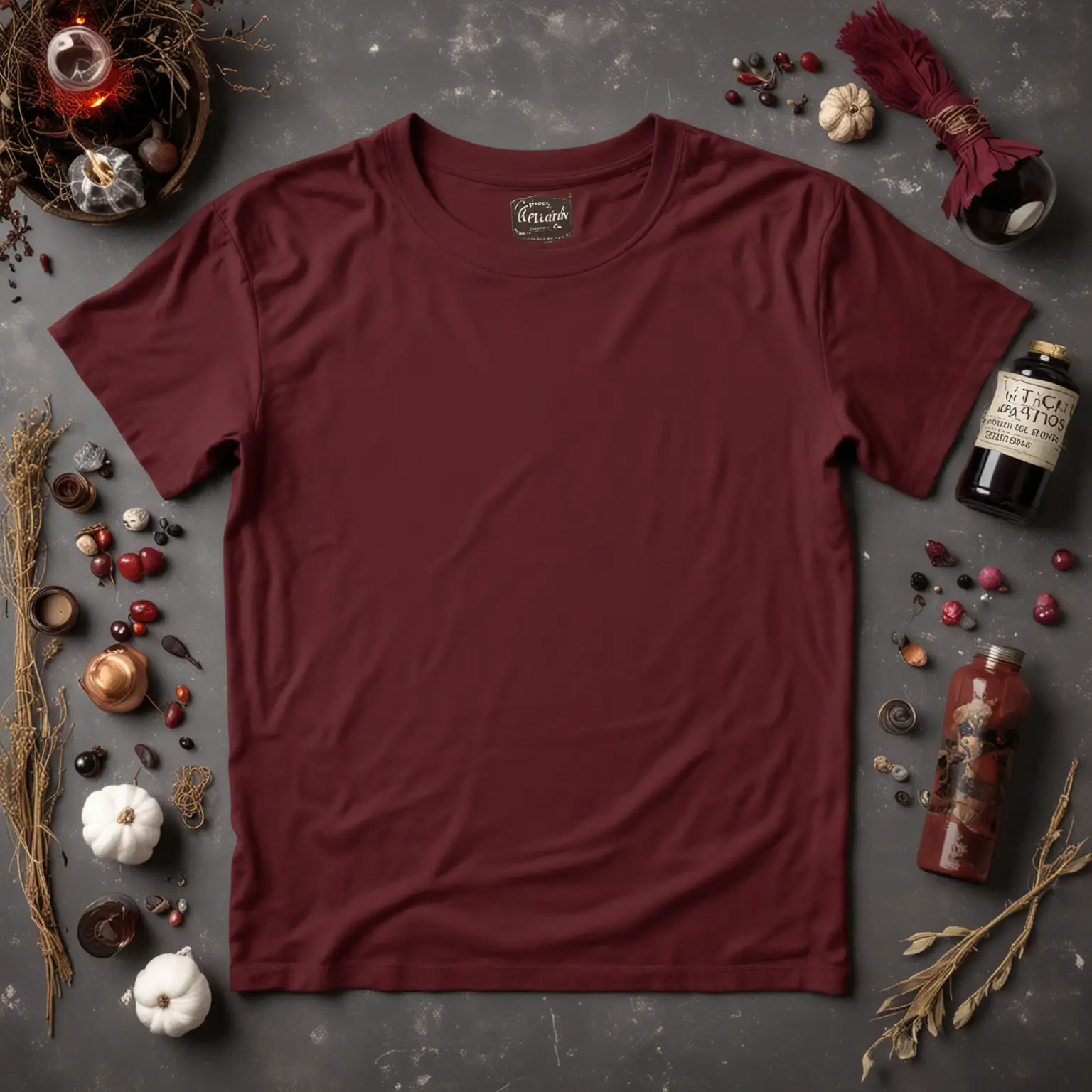 Plain Cotton Short Sleeve Burgundy CrewNeck Shirt Surrounded by Witch Potions Decor