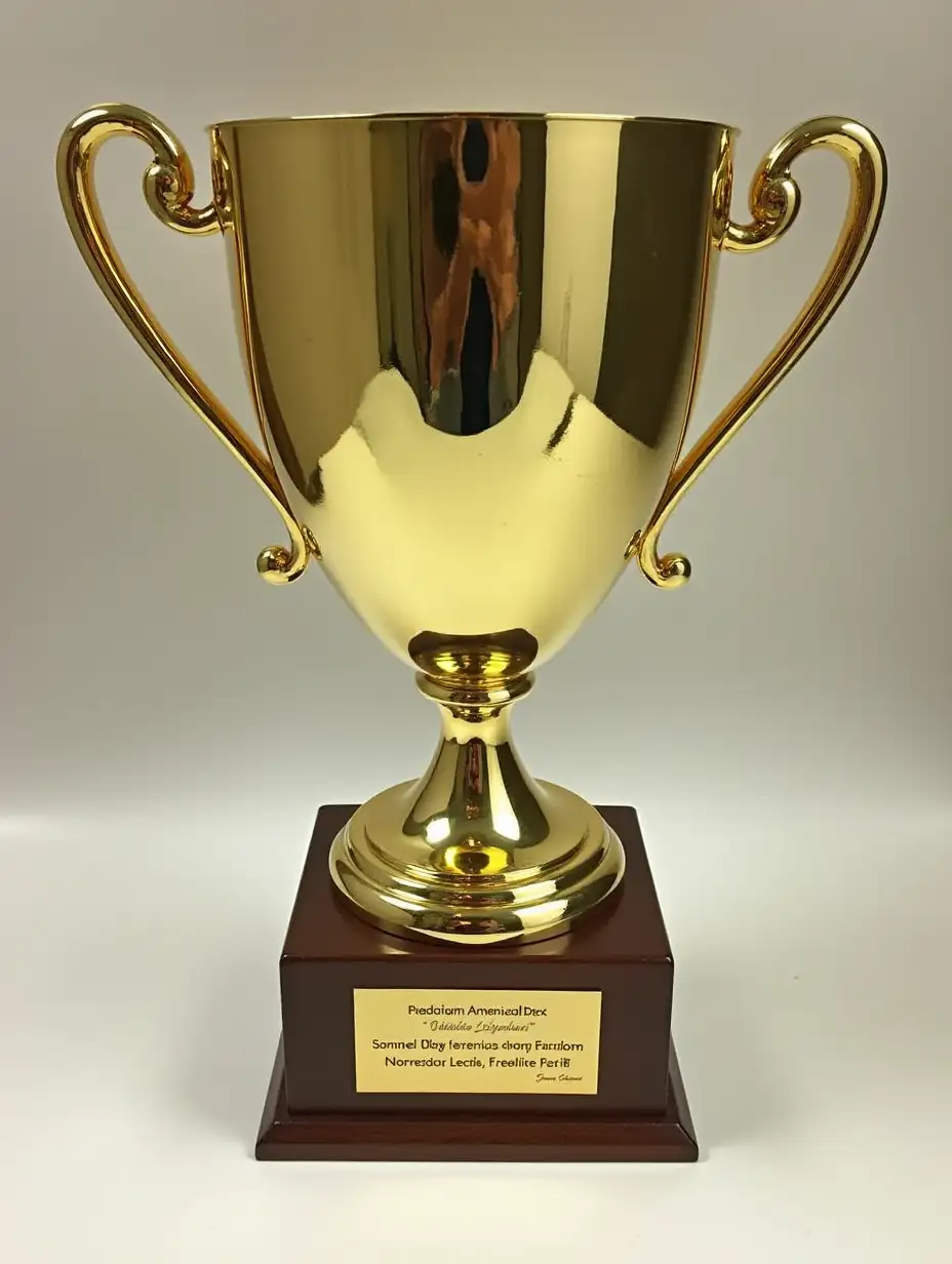 Full size gold cup for first place. At the bottom of the cup, on the leg, there is a plaque with text.