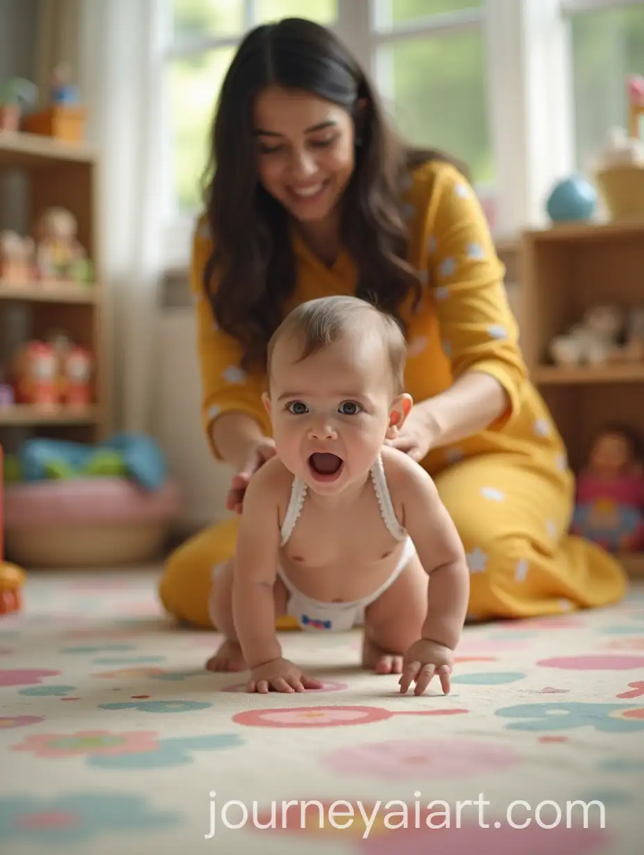 Baby-Boy-Crawling-in-Kindergarten-with-Woman-in-Yellow-Dress