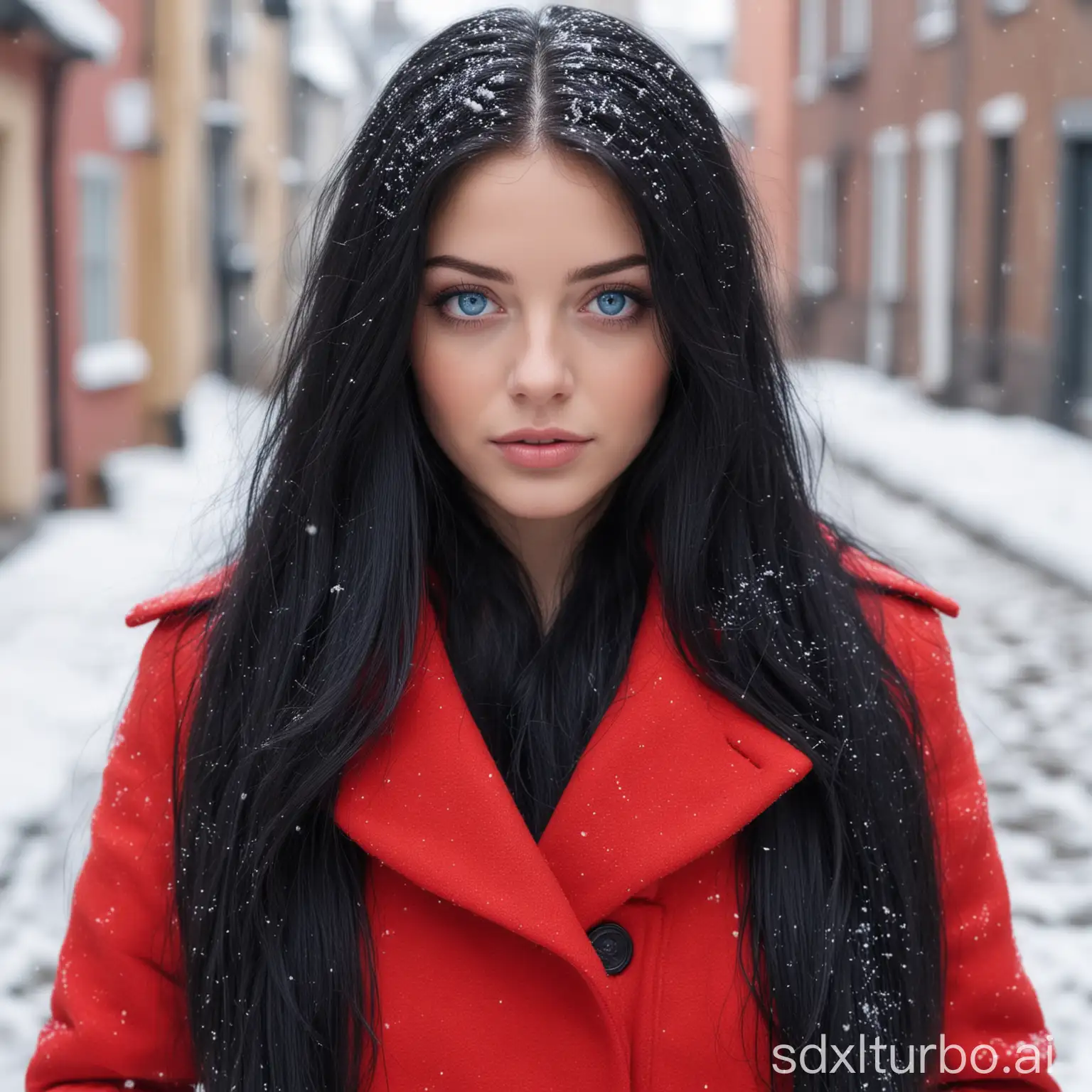 Young-Woman-in-Red-Coat-Walking-on-Snowy-Street-in-Winter