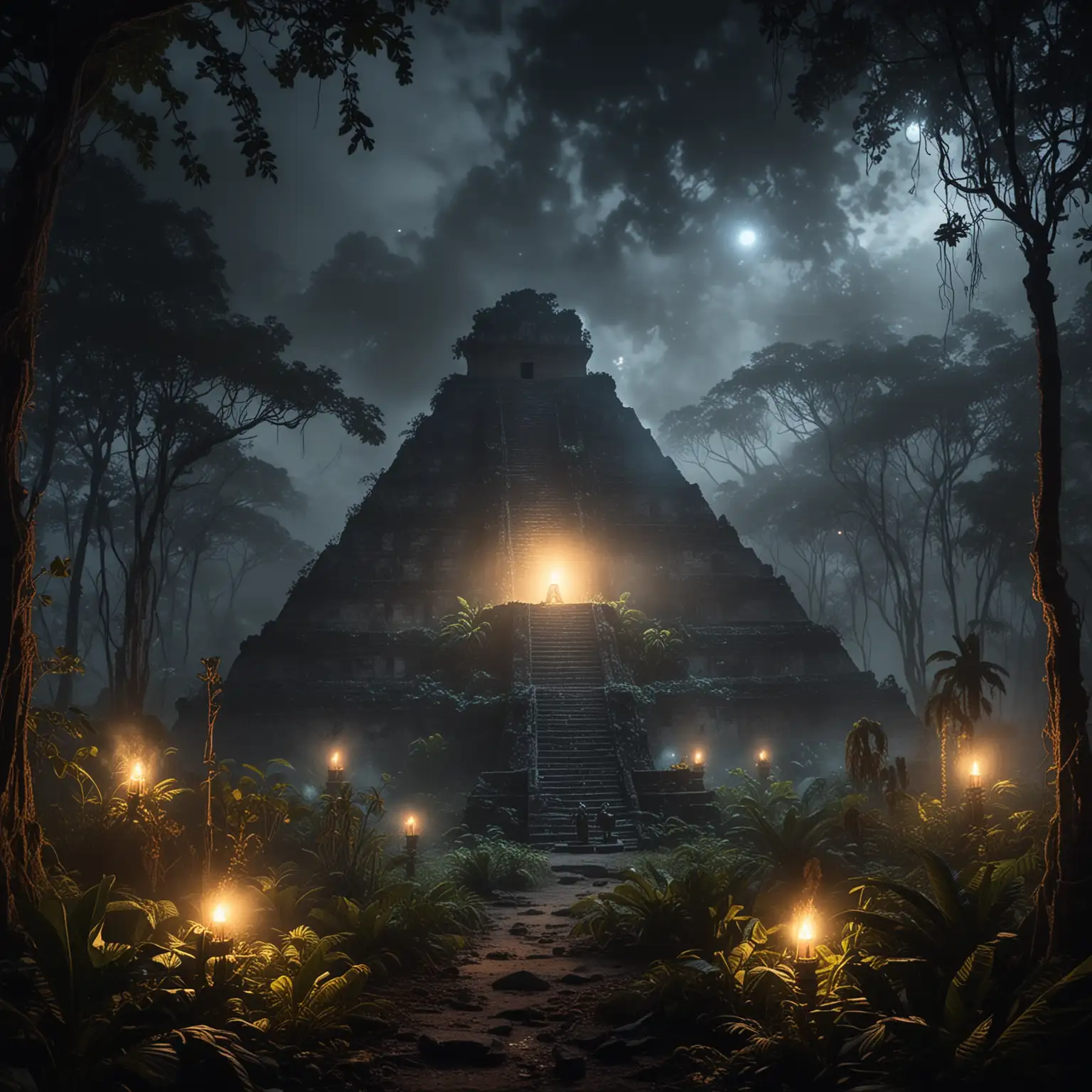 Bioluminescent-Mayan-Pyramid-in-Misty-Night-Forest