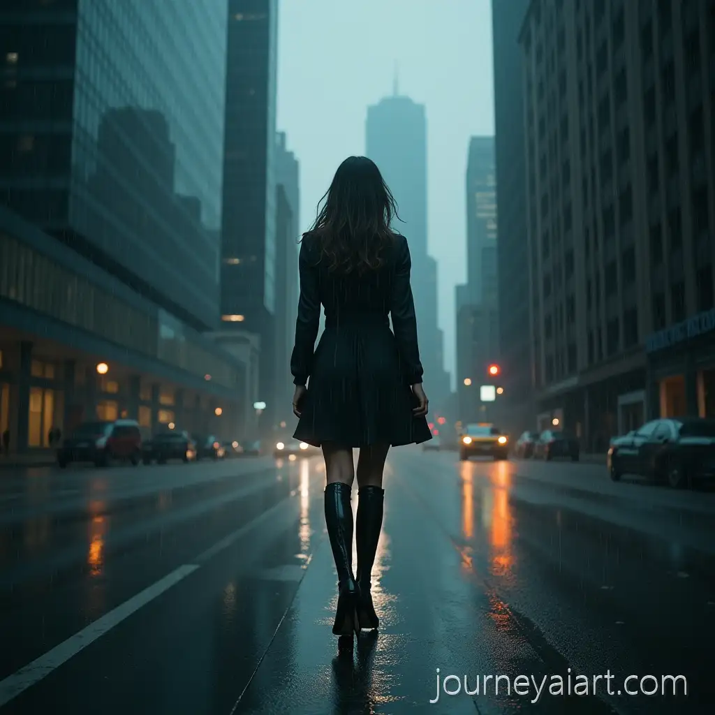 Beautiful-Melancholic-Woman-Walking-in-the-Rain-Among-Skyscrapers