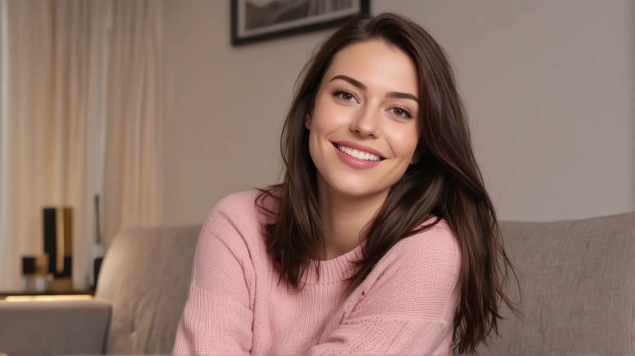 Smiling Woman in Modern Apartment at Night