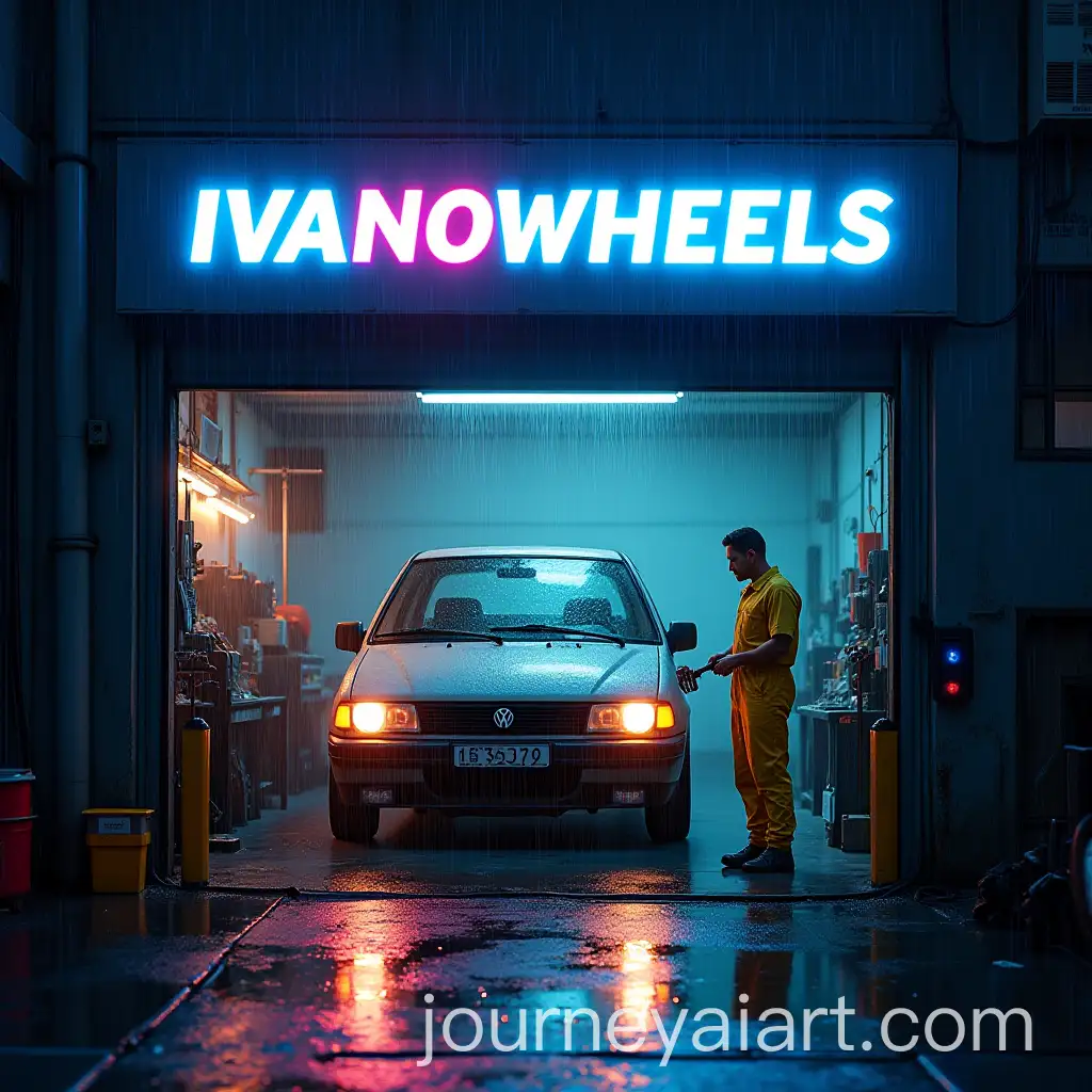 Futuristic-Garage-with-Neon-Lights-and-Hovervan-in-Rain