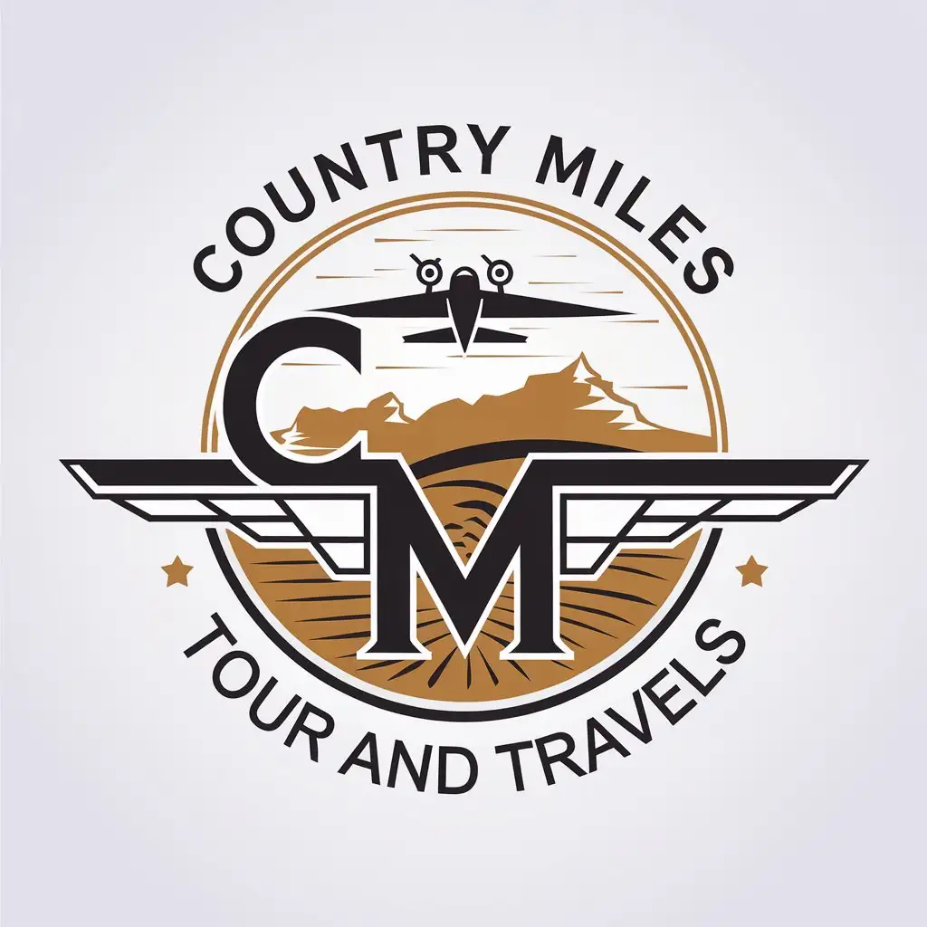 LOGO Design for Country Miles Tour and Travels Flight Desert and Mountains with Letter C and M Aeroplane