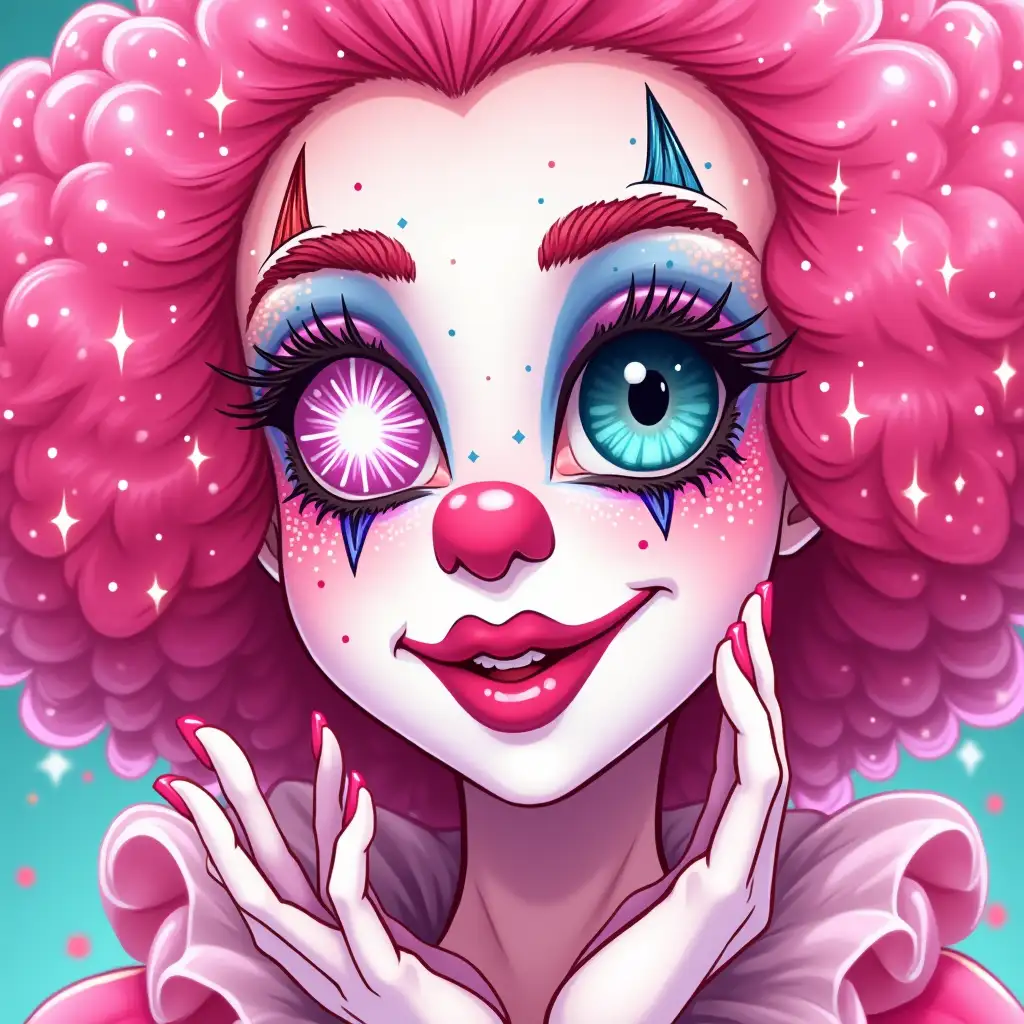 create an illustration of female clown in a cartoon art style, lots of pink, glitter, one eye has a star around it the over a diamond, white face paint