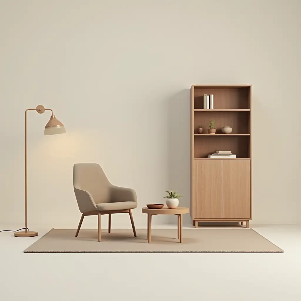 chair, coffee table, cabinet, floor lamp, rug, 3d model, on a stand, minimalism, design