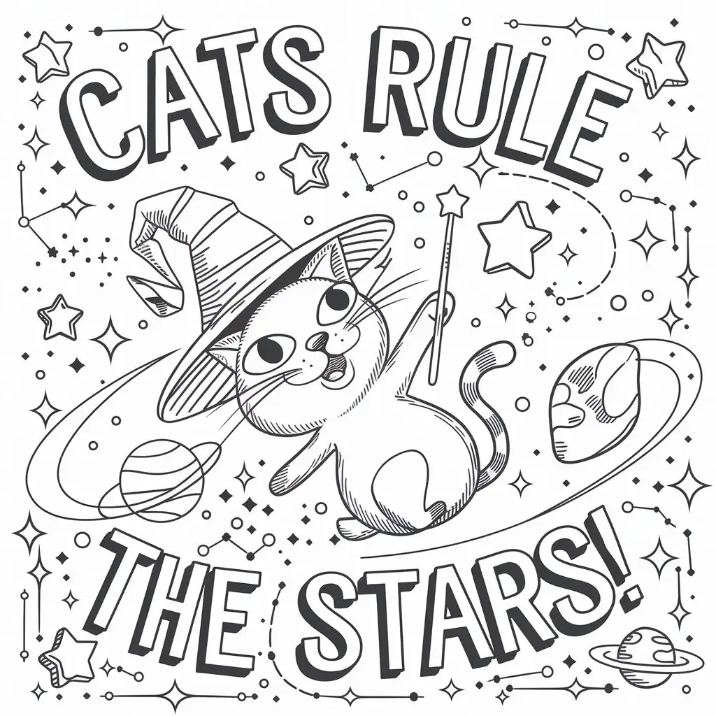 Whimsical Cat Floating Among Stars with Playful Constellations