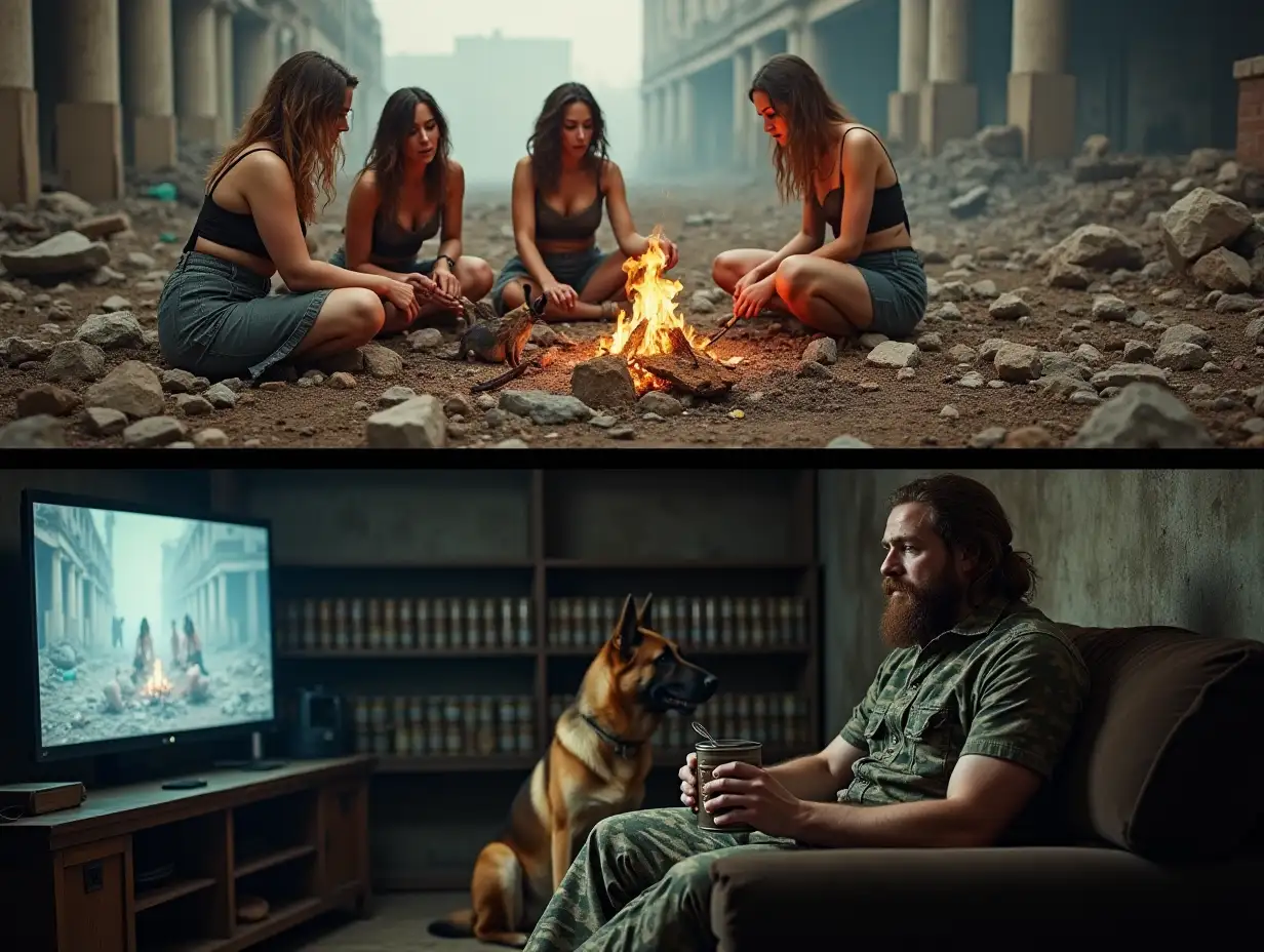 The picture is divided into two horizontal parts. At the top, on the ground among ruins, a group of three glamorous women in torn clothing, preparing a rat on a fire. At the bottom, from a bunker, a bearded man in camouflage sitting on a couch, watching this scene with interest on the monitor screen, eating stew from a can with a spoon, next to the man sits a German shepherd. Along the wall of the bunker are shelves with rows of cans of canned food. 