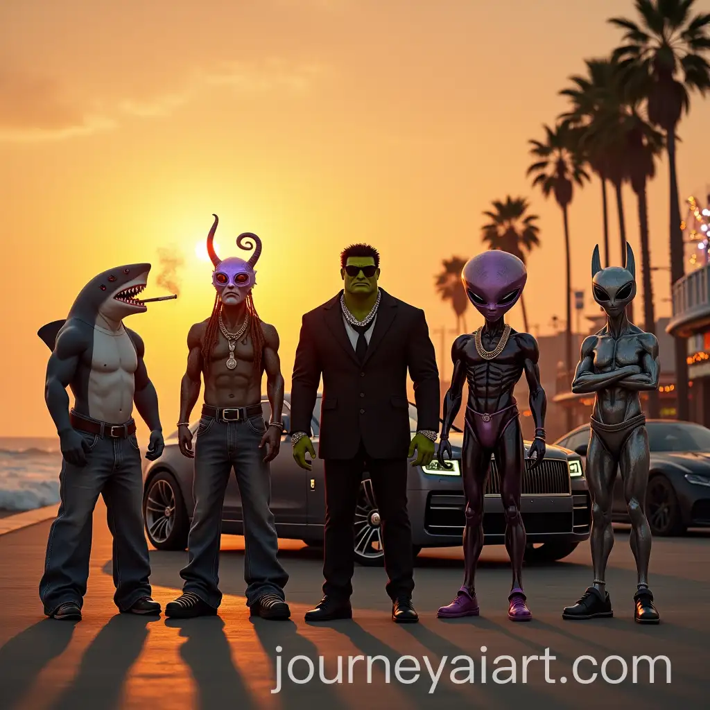 Supermassive-GangAI-Art-Prompt-Expansion-Legends-at-Santa-Monica-Pier-During-Golden-Hour-with-Luxury-Vehicles