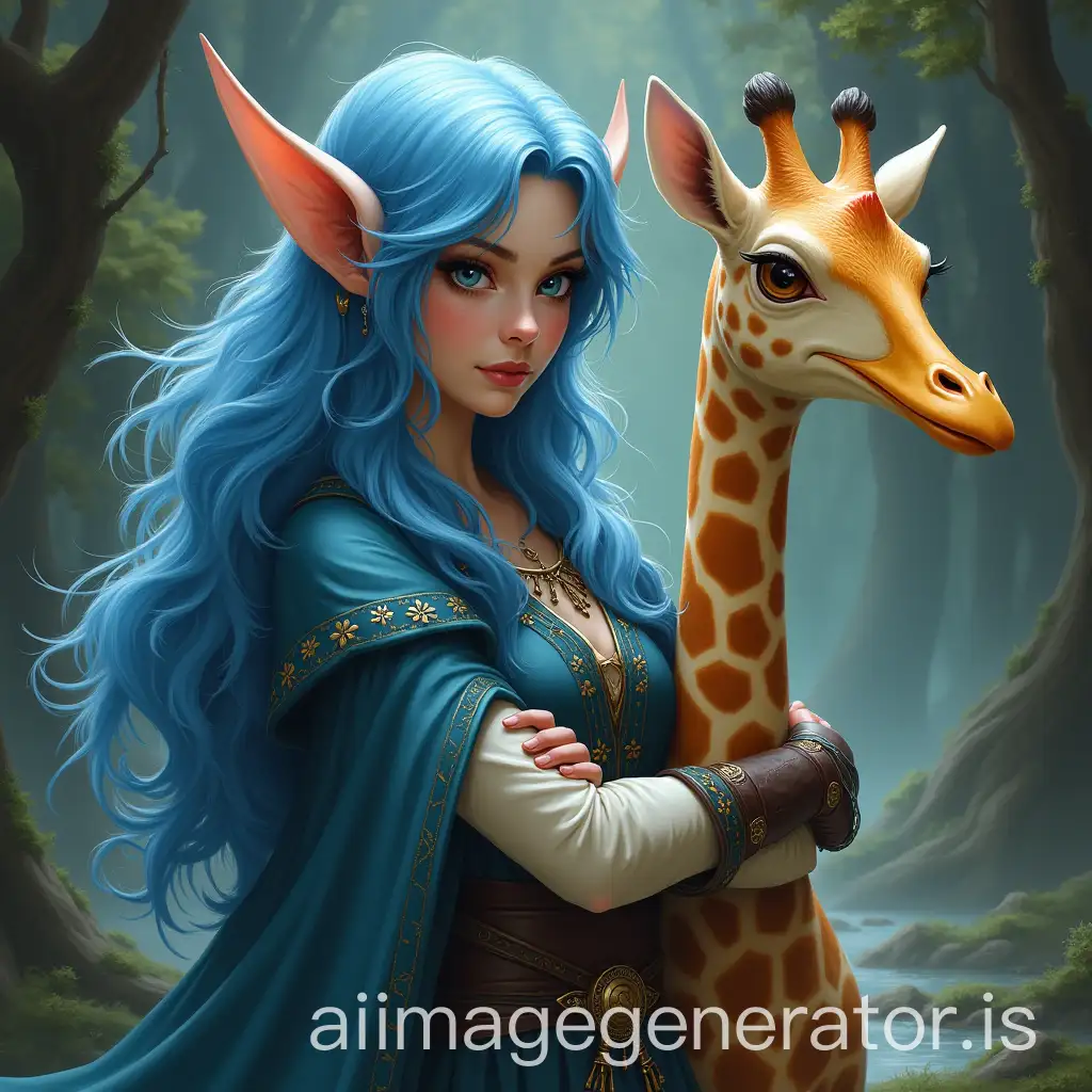 A female elf magician invoker from the universe of dungeons and dragons with blue hair and a duck-giraffe chimera