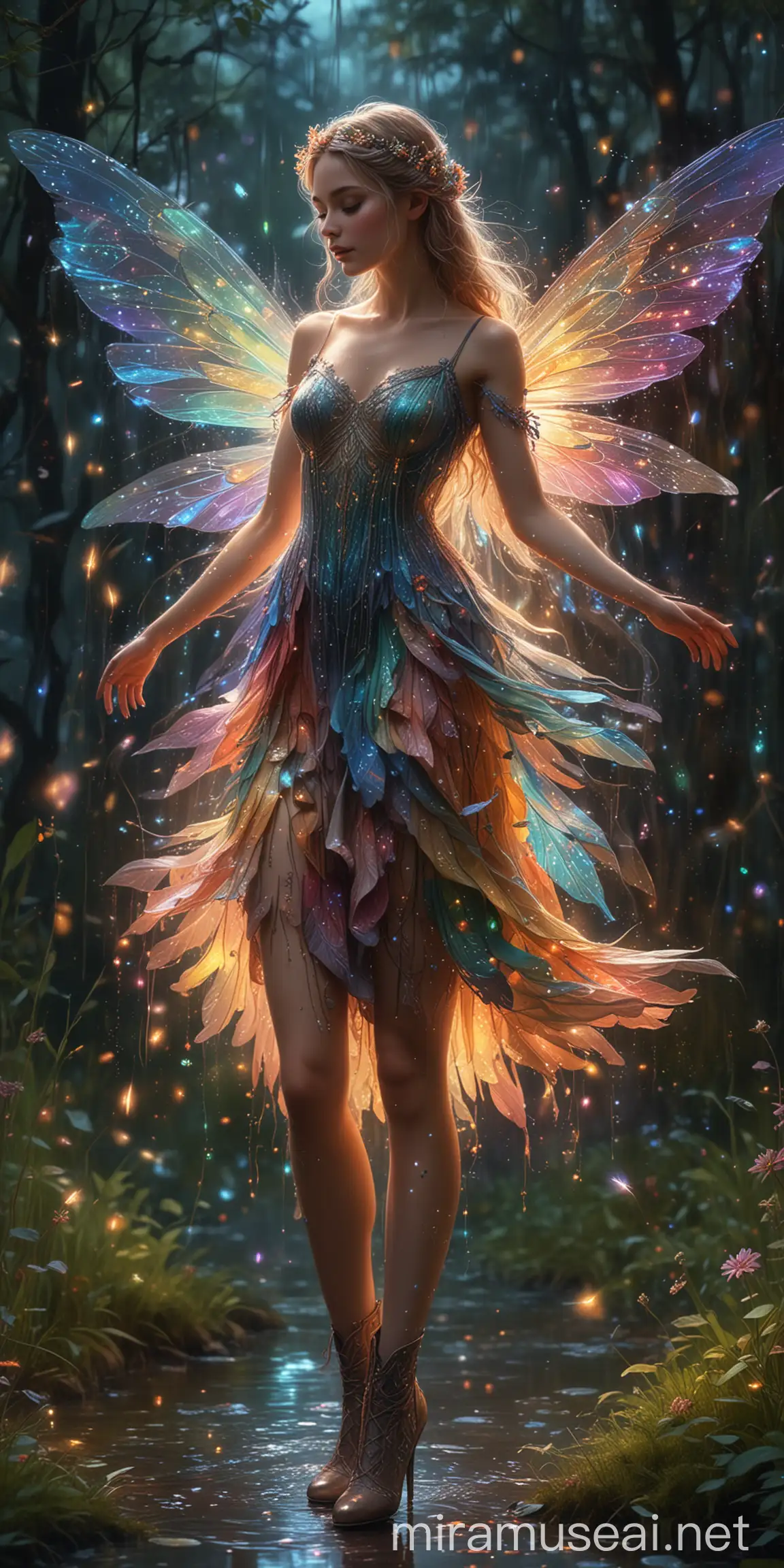 Ethereal Fairy Dancing Among Sparkling Fireflies