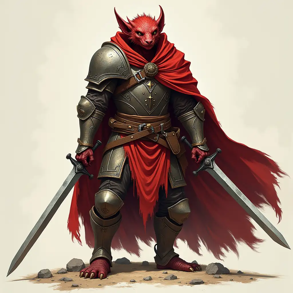 full-body kobold dnd style fantasy holding two long swords wearing heavy armor and a red cloak with red skin