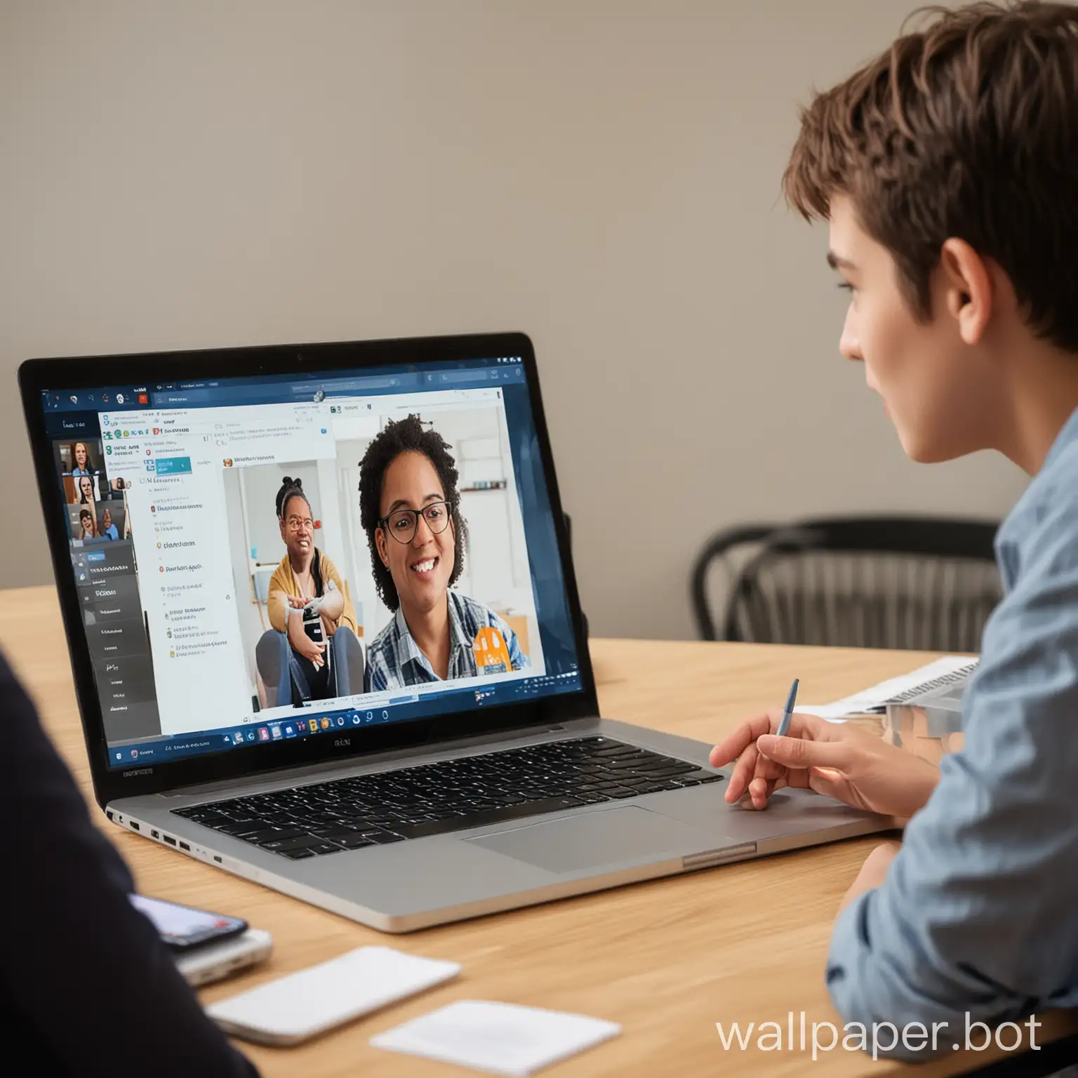 student and staff discussion on in class room on laptop and mobile online meeting app