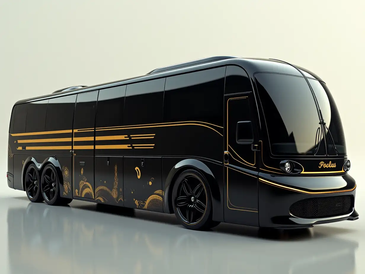 Supermodern utopian Sport Omnibus black with sport strap,golden stripes on the side with gears,lowered body, 18-inch wide wheels, aluminum rims, cream silver black Cyberpunk.